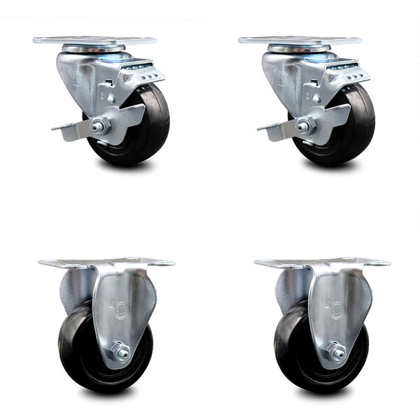 3.5 Inch Hard Rubber Wheel Swivel Top Plate Caster Set with 2 Brake 2 Rigid SCC